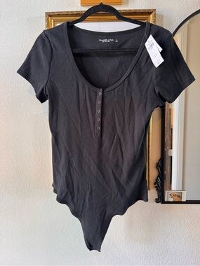 Abercrombie & Fitch Black Short Sleeve Scoop Henley Bodysuit